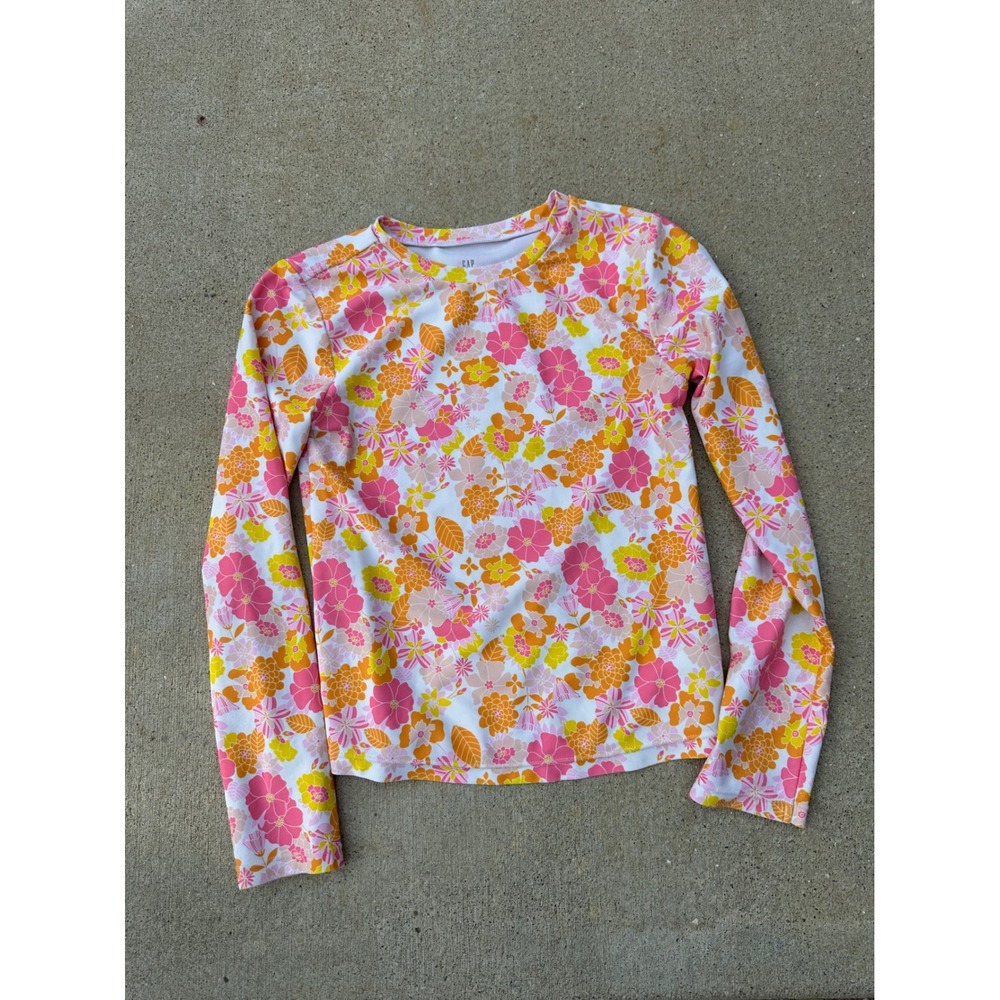 Gap Kids Girls Floral Rash Guard LongSleeve Swim Shirt Pink Orange Yellow Size M
